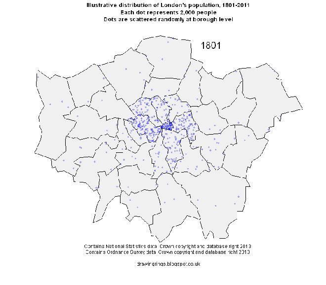 Animated map of London's population, 1801 to 2011